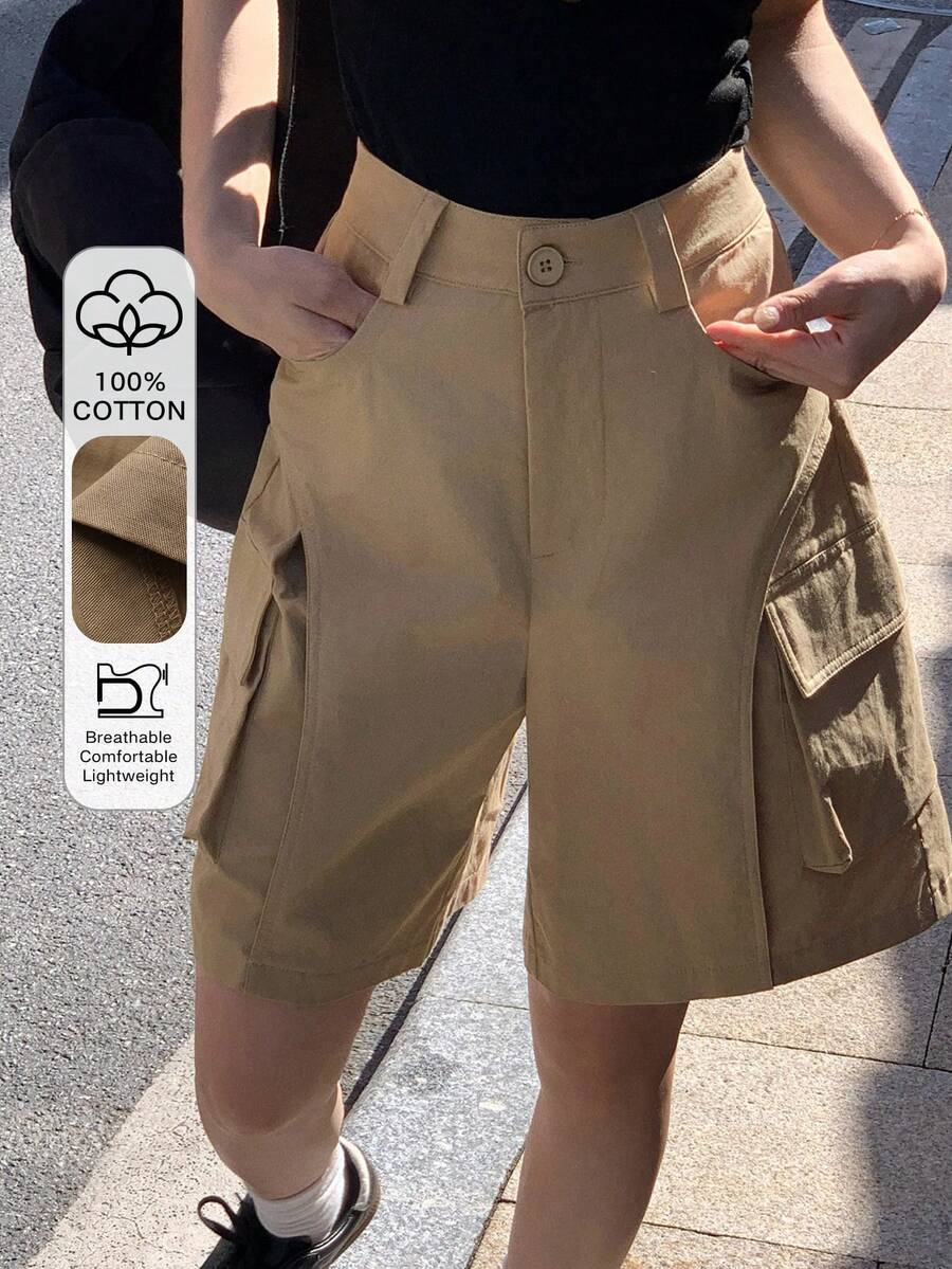 DAZY Damen einfarbige, locker sitzende Cargo-Stil Shorts mit Gürtelschlaufen für Frühling und Sommer - Khaki - Übersicht 1