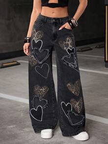 Jeanoix 女士低腰休闲牛仔裤，心形刺绣印花，直筒宽松版型，四季皆宜 - 深灰色 - 查看 4