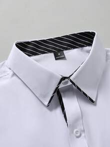 Manfinity Mode Men's Casual Striped Patchwork Front Button Long Sleeve Shirt, Autumn - White - View 6