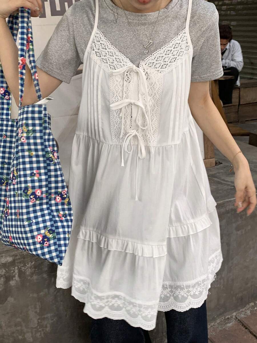 DAZY Women's Solid Color Lace Patchwork Knotted Ruffle Hem Camisole Summer Easter - White - View 1