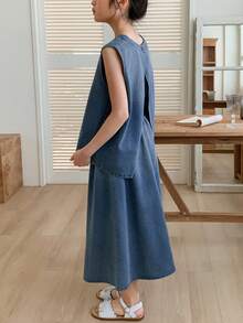 DAZY 2pcs/Set Tween Girls Crew Neck Sleeveless Printed Denim Top And Denim Skirt Outfit, Fall - Blue - View 5