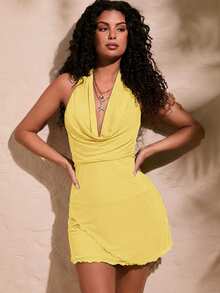 Opulessa Women's Yellow Summer 70s Party Knitted Mesh See-Through Dress,Draped Neck Halter Strap Open Back Design,Bachelorette Beach Vacation Outfits - Light Yellow - View 9
