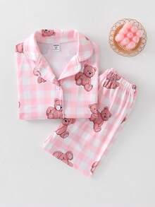 2件套女童休闲可爱小熊印花短袖开衫+长裤睡衣套装，返校季儿童睡衣套装，泰迪熊睡衣套装 - 粉色 - 查看 1