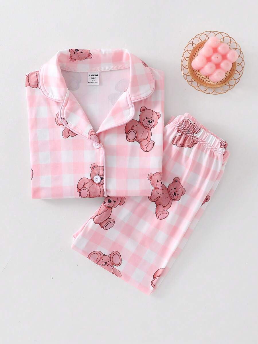 2件套女童休闲可爱小熊印花短袖开衫+长裤睡衣套装，返校季儿童睡衣套装，泰迪熊睡衣套装 - 粉色 - 查看 1