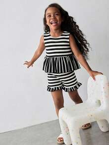 Maija Kids 2pcs/Set Young Girl Striped Vest And Shorts Set - Black and White - View 4