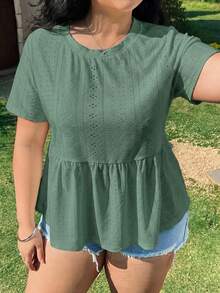 Solflare Kaos Lengan Pendek Ukuran Besar Leher Bulat Berlubang Bordir Warna Hijau Zaitun, Atasan Musim Panas - Olive Green - View 5