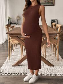 SHEIN Gaun Hamil Tanpa Lengan Leher Bulat Bergaris Pas Badan Bergaya Musim Panas - Coffee Brown - View 3
