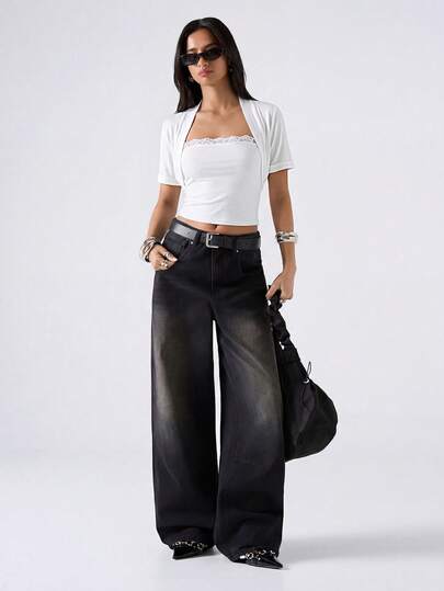 LYSMO 女士纯色常规肩部短袖蕾丝拼接修身短款T恤