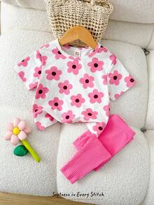 Cozy Pixies 两件套女婴碎花针织柔软圆领短袖上衣和纯色弹力腰裤套装 - 粉色 - 查看 2