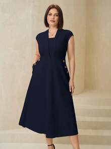SHEIN Clasi Plus Size Elegant Button Decor Office Dress - Navy Blue - View 3