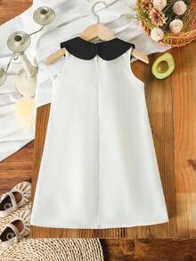 Elladie kids 少女优雅公主风可爱领子编织A字杏色连衣裙，黑色蝴蝶结装饰；少女奶油色和黑色连衣裙；少女无袖A字休闲连衣裙 - 杏色 - 查看 2