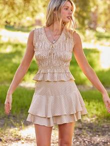 WESTFADE Pola Dot V Neck Bow Tie Front Shirred Tiered Ruffle Tank Top Winter, Casual, Cute, Spring, Resort, Nashville, Cowgirl, Boho, Western Wear For Women - Apricot - View 6