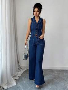 Elenzga Women's Elegant Commuting Casual Versatile Wide Leg Loose Fit Non-Stretch Denim Jeans & Relaxed Fit Denim Top Set - Dark Wash - View 4