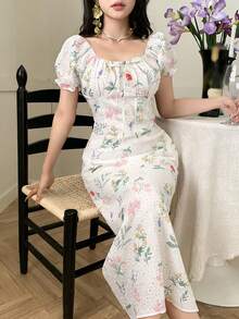 DAZY 2024夏季碎花泡泡袖雪纺连衣裙，收腰显瘦法式浪漫风格吊带裙 - 白色 - 查看 4