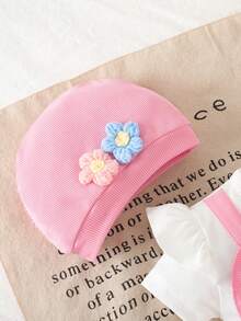 SHEIN Playful Pals 2pcs Baby Girls' Summer Fashion Cute 3D Floral Embroidery Ruffle Sleeve Green Romper & Hat Set - Pink - View 6