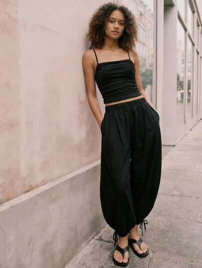 Maija Women's Solid Color Pleated Camisole And Lantern Pants Casual 2 Pieces Set