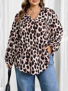 SHEIN CURVE+ 大码女装秋冬休闲宽松舒适V领黑色长袖衬衫，秋季女装，女式衬衫，大码上衣，复古风，黑色上衣，商务休闲女装，办公室女装，W码，教师衬衫，女士秋冬服装，冬季，大码 - 棕色 - 查看 6