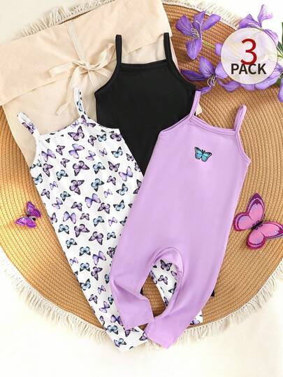 SHEIN Set de 3 piezas de camiseta de tirantes acanalada y pantalones pitillo de uso diario versátil y casual para niñas bebés, en negro + gris jaspeado + estampado de leopardo