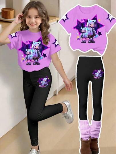 2pcs/Set Casual & Fashionable Girls' T-Shirt & Leggings Set, Spring/Summer, Star & Cartoon Girl Print, Round Neck T-Shirt And Tight Black Leggings, Comfortable And Suitable For Outdoor, Casual, School, Party, Gift