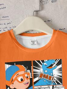 Blippi X SHEIN Áo thun ngắn tay cổ tròn in họa tiết tối giản cho bé trai - trắng - Xem 4