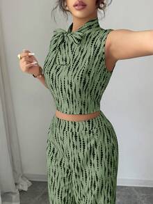 Elenzga Bộ 2 món thời trang thường ngày thanh lịch với thiết kế nơ cổ áo dành cho nữ. - màu xanh lá - Xem 6