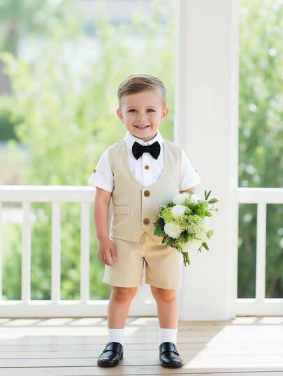 3pcs Boys Gentleman Suit Set, Includes Beige Vest, White Short Sleeve Shirt, Beige Shorts, Suitable For Formal Occasions Like Birthday Party,  , Anniversary, Valentine's DayWedding,Prom,Graduation