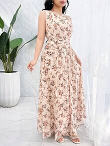 Feyla Women's Floral Print Ruched Waist Elegant Dress, Suitable For Dates And Parties - Apricot - View 7