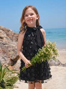 SHEIN Young Girl Mandarin Collar Mesh Cutout Loose Casual Dress - Black - View 6