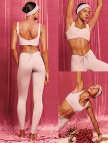 GLOWMODE FeatherFit™-Sculpt Push-Up Compressive Built-In Mesh Straps Removable Cups V-Back Demi Sports Bra Running Workout Gym - Baby Pink - View 10