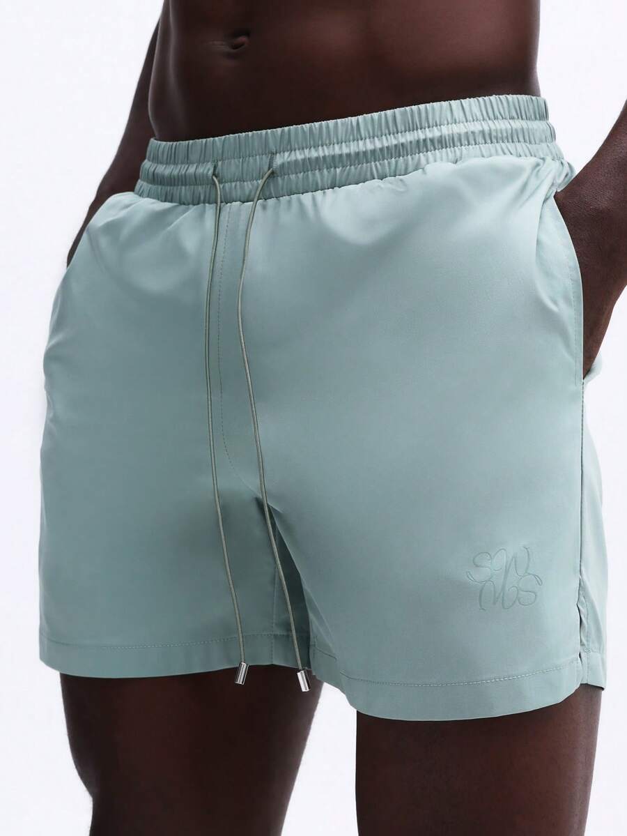 SUMWON 弹性腰带沙滩泳裤，饰有刺绣logo，直筒裤脚，夏季泳池休闲泳装，抽绳腰带 - 綠色 - 查看 1