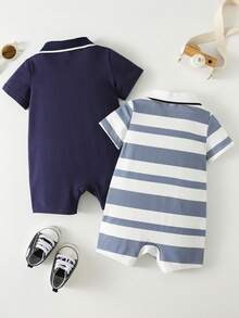 SHEIN Set de 2 piezas de pelele y pantalones cortos de manga corta con cuello de contraste para bebé niño - Azul - Ver 2