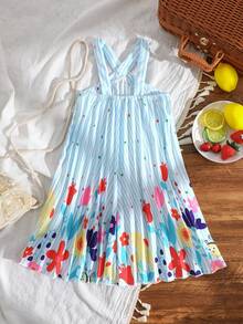 SHEIN Elladie kids 女童休闲无袖热带印花连衣裙，春夏新品 - 藍色 - 查看 2