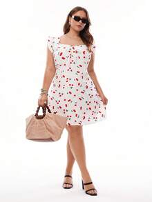 Solavibe Plus Size Women's Cute White Cherry Print Front Tie Mini Dress,Summer Flutter Sleeve Picnic Outfit,Casual Beach Vacation Birthday Holiday Dresses - White - View 7