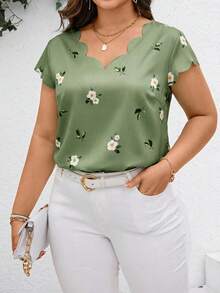 Reflora Camisa de verano de talla grande con ribete de concha y estampado tejido - verde menta - Ver 1