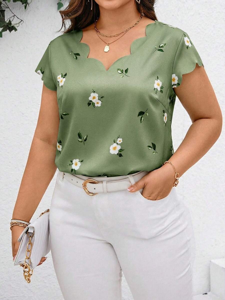 Reflora Camisa de verano de talla grande con ribete de concha y estampado tejido - verde menta - Ver 1