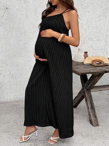 SHEIN Maternity Solid Color Spaghetti Strap Loose Casual Long Dress, Summer - Black - View 1