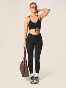 MISSGUIDED 女士高腰褶皱细节运动紧身裤，抽绳腰带，适合瑜伽、跑步、锻炼、塑形，全长训练裤 - 黑色 - 查看 3