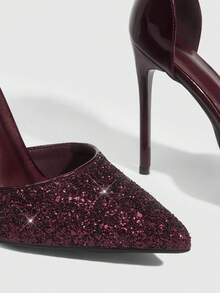 CUCCOO SZL 女士尖头细高跟酒红色亮片踝带镂空鞋，时尚性感，适合晚宴、夜店等场合，女士高跟鞋 - 格麗特酒紅 - 查看 6