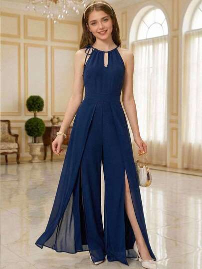 Pitira Teen Girls Bodysuits & Jumpsuits Elegant Commuter Green Halter Self-Tie V-Neck Waist Cinched Sheer Hem Chiffon Jumpsuit For Girl Navy Blue Formal Dress Teen Royal Blue Dress Jumpsuit Blue Dresses For Women Formal Jumpsuit For Girls Navy Blue Formal Jumpsuit Runway Jump Suits For Teenage Girls Jumpsuit Teen Girls Rompers For Girls Wedding Guest Teen Wide Leg Jumpsuit Royal Blue Jumpsuit Teen Royal Blue Jumpsuit