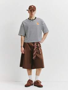 TOKVUE 男士落肩短袖条纹休闲宽松印花T恤，夏季 - 黑與白 - 查看 4