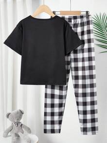 2pcs/Set Teenage Boys' Black Short Sleeve Top And Plaid Pants Casual Pajama Set - Black - View 2