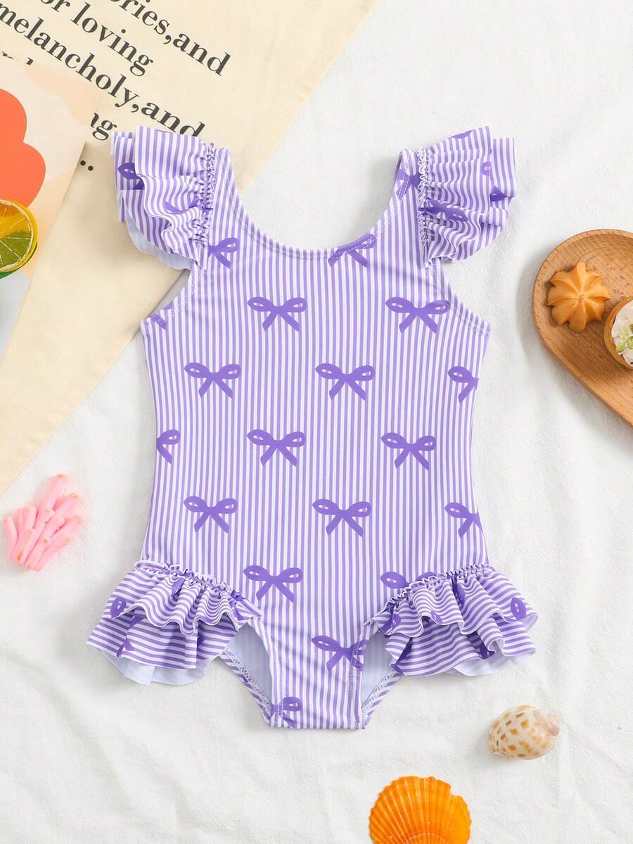 SHEIN Maillot de bain une pièce pour bébé fille avec imprimé nœud et rayures violettes - Multicolore - Voir 1
