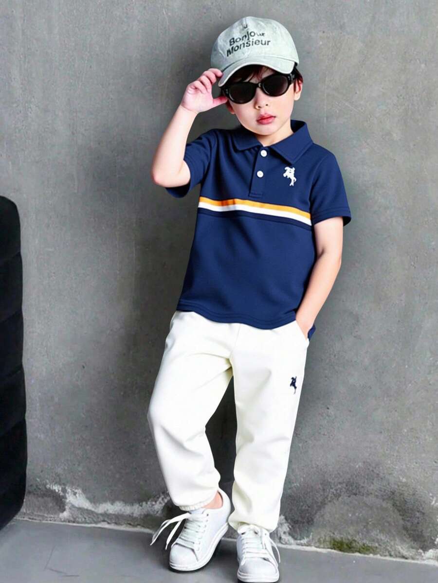 SHEIN Setelan Kemeja Polo Lengan Pendek dan Celana Panjang Motif Garis-garis dan Bordir Kasual untuk Anak Laki-Laki, Cocok untuk Musim Semi, Musim Panas, dan Musim Gugur. - Navy Blue - View 1