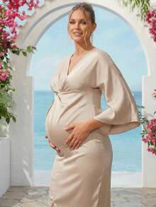 SHEIN Elegant Maternity Dress With Front Twist And Bell Sleeves, Autumn Dress Gender Reveal Dress Maternity Dress Baby Shower Dress - Apricot - View 1