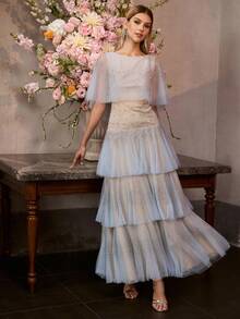 MOTF PREMIUM 女士新款蓝色网纱串珠层叠连衣裙，飘逸薄纱荷叶边长款连衣裙，宴会走秀晚礼服 - 藍色 - 查看 6