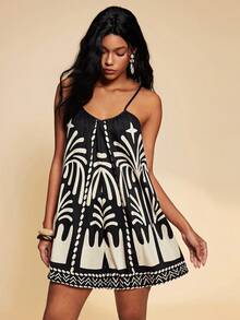 Travachic 女士印花无袖连体裤，适合春夏度假 - 黑與白 - 查看 6