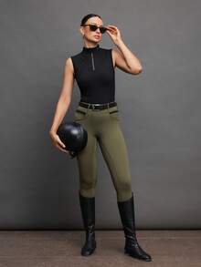 Activina Women's Solid Color Stand Collar Zipper Half Placket Casual Equestrian Top Equestrian Clothing Women's Equestrian Active Wear For Women Sleeveless Tops For Women - Black - View 3