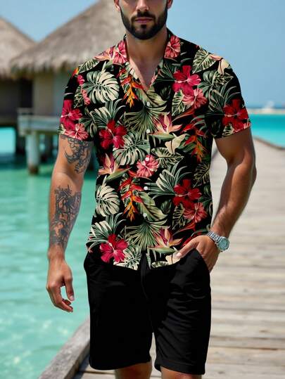 VIVINTIMO Fashionable Casual Mature Vacation Retro Tropical Floral Full Print Pattern Tapered Fit Men Collared Short Sleeve Shirt, Suitable For Summer Outdoor, Vacation, Dates, Gatherings, Great Gift For Boyfriend, Holiday