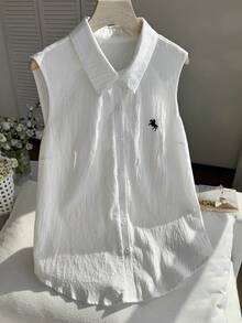 Comfortcana 大码休闲纯色马刺绣无袖衬衫 白色无袖衬衫 女式衬衫 纽扣衬衫 翻领衬衫 马图案衬衫 纯棉上衣 女士夏季无袖衬衫 星形衬衫 - 白色 - 查看 1