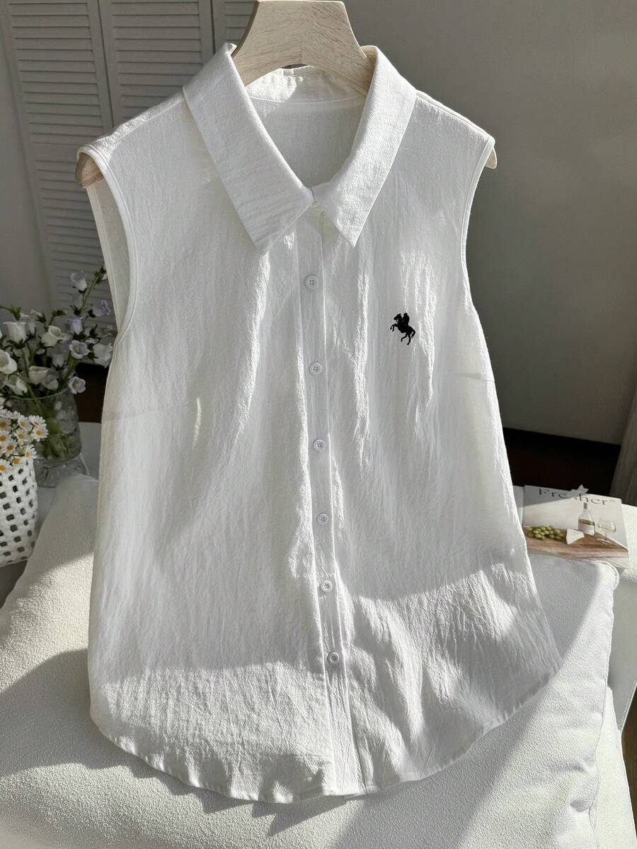 Comfortcana 大码休闲纯色马刺绣无袖衬衫 白色无袖衬衫 女式衬衫 纽扣衬衫 翻领衬衫 马图案衬衫 纯棉上衣 女士夏季无袖衬衫 星形衬衫 - 白色 - 查看 1